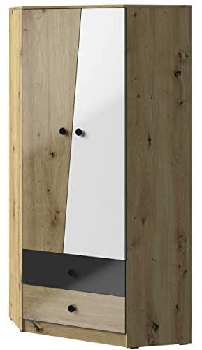 Marmex Nero NR 2P - Glänzend Eckschrank mit Schubladen, funktioneller Eckschrank mit Einlegeböden für Jugendzimmer (Eiche Artisan Glanz + weiße Glanz + Schwarze Glanz+(schwarzer Griff))