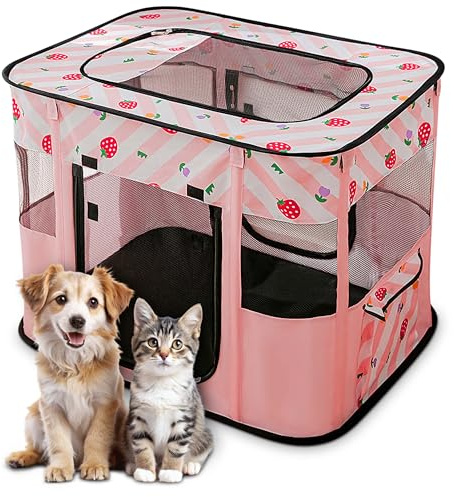 ALLSOPETS Welpenauslauf Faltbarer Laufstall Hund Katze, Tragbarer Welpenlaufstall Hundebox Freigehege mit Tragetasche für Innen, Außen, Reisen und Camping (Rosa Erdbeeren, M)