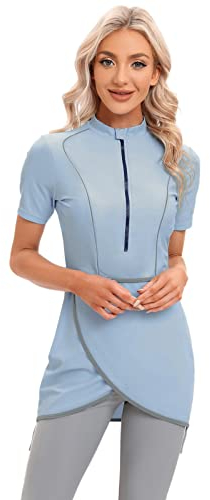 IBTOM CASTLE Frauen Kurzarm-Badeanzug, Muslimische Badeanzug Damen, Burkini Damen Muslim, Modest Badeanzug Frauen, Hijab Ganzkörper-Badeanzug Rash Guard Surf Suit Beachwear 3 Stück Set Hellblau S