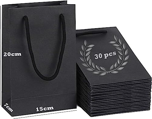 MIVIDE 30 Pcs Sacs Cadeaux Noirs avec Poignée, Sac Cadeau Noir 15x7x20cm/250g, Pochette Cadeau Noir, Sac Kraft Poignée pour Noël, Anniversaire, Mariage, Fête Achats