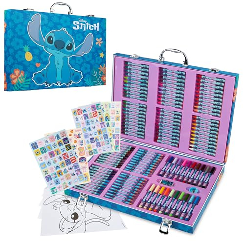 Disney Frozen Prinzessin Stitch Malkoffer mit 130 Teilen - Stifte im Koffer mit Ausmalbögen Buntstifte für Kinder Schulbedarf (Mehrfarbig Stitch Set)