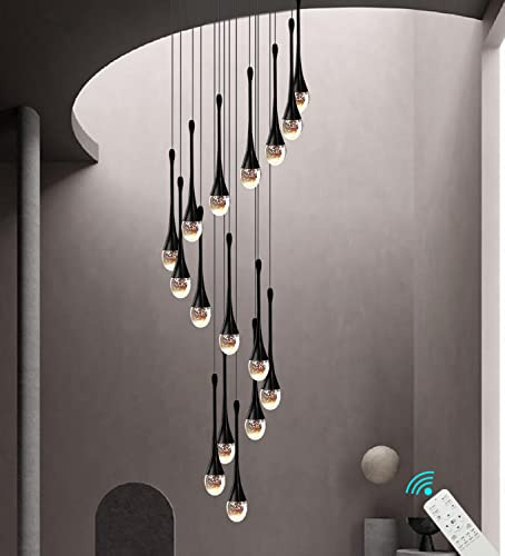 Verstellbare Regentropfen Kristall Kronleuchter,305cm,16 Lichter,Schwarzer | Lange Blasen Treppen-Kronleuchter,Hohe Decken,Foyer-Eingangs-Kronleuchter,Loft-Deckenleuchten,LED Dimmbar.