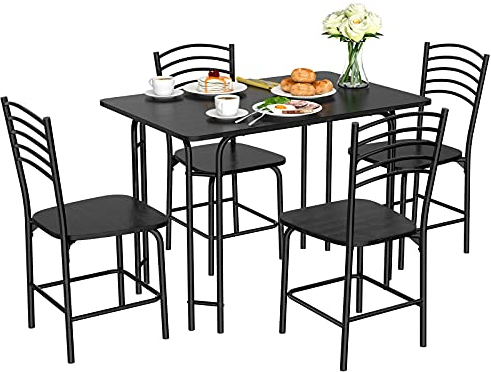 COSTWAY 5 teiliges Esstisch Set, rechteckiger Küchentisch mit 4 Stühle , Essgruppe Metallrahmen, Sitzgruppe Esszimmertisch 4 Personen platzsparend für Küche, Restaurant