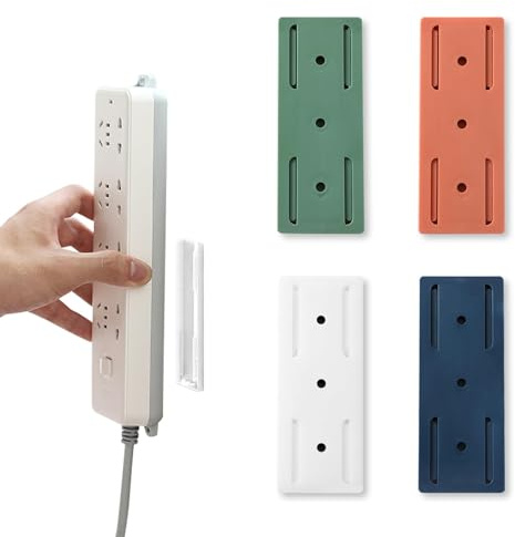 LIOUCBD 4 Pcs Power Strip Wall Mount, Self-Adhesive Punch-Free Socket Holder, Desktop Plug-in Socket Fixer for Kitchen Home Office Table Wall Cable Management Surge Protector (4 Colors)