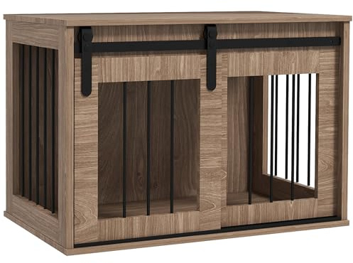 PawHut Cage Caisse Niche pour Chien Animaux intérieur Meuble Cage Chien intérieur 1 Porte coulissante, Table d'appoint, métal Effet Bois, dim. 57H x 80L x 54l cm