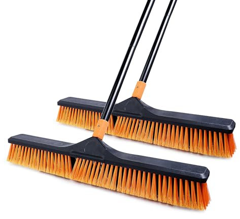 CLEANHOME Lot de 2 balais poussoirs de 61 cm pour nettoyage du sol avec manche de 165,1 cm de long et poils rigides, brosse robuste pour magasin, terrasse, garage, béton, intérieur et extérieur,