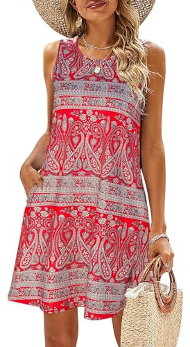 BDTECAOR Vestidos de verano para mujer, sin mangas, flores, camiseta, vestido de playa, ligero, informal, bolsillos, bohemio, sin manga