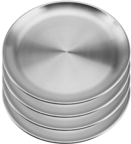 MUKCHAP 4 PCS 30cm Stainless Steel Dinner Plates, Metal Serving Dishes, Silver Camping Plate for Camping BBQ Steak Salad Snack