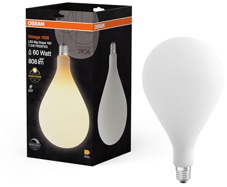 Osram Vintage 1906 Big Grape ist eine dimmbare Lampe mit LED-Technologie im dekorativen Glühwendel-Design. Sie bietet 7.3 W für 806 lm, E27 Fassung, Frosted Design, 160 mm Durchmesser, CRI 80.