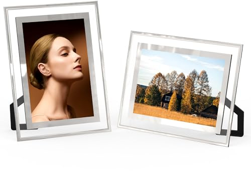 2 PCS Cornice Foto 10x15 Vetro, Cornice Portafoto 10x15 Argento, Cornici Foto da Tavolo Trasparente, Porta Foto Vetro per Ritratti Matrimonio Foto, Compleanno Natale Regalo, Orizzontale o Verticale