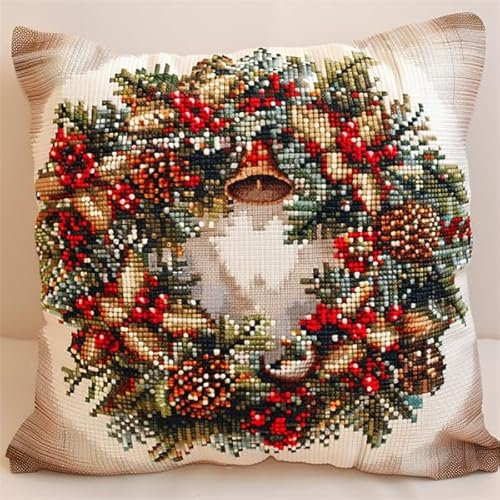 Lfynior Kreuzstich Kissen Set Weihnachten Stickkissen mit Muster 45X45cm Stickpackung Stickset Kreuzstich Kissen zum Basteln Stickkissen Stickpackung mit Vorgedruckt Kreuzstichmotiv