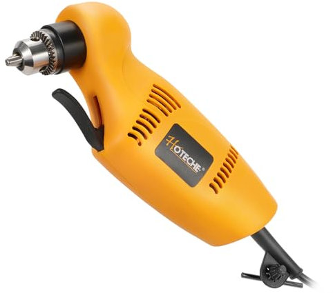 Hoteche 450W Winkelbohrmaschine – Leistungsstarker 220-240V Bohrer mit 0-1400rpm, 10mm Schlüsselaufnahme, variablem Geschwindigkeitsregler, VDE-Stecker, inkl. Zubehör – Ideal für Holz und Metall