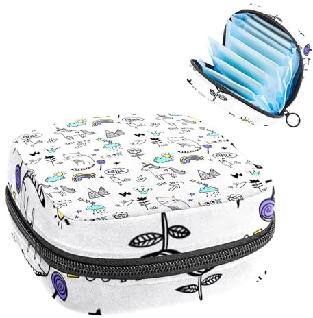 Aufbewahrungstasche für Damenbinden, Menstruationstasse, Tamponbeutel, Periodeneinlagen-Halter, Organizer für Frauen und Mädchen, handgezeichnete schwarze Umrisse, Katze und Einhorn