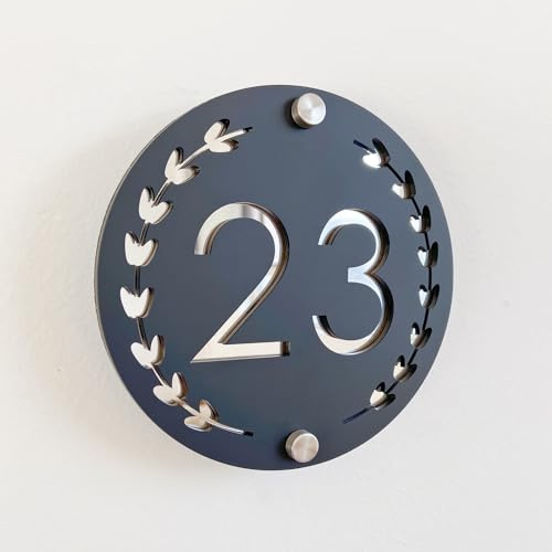Round Garland Plaque de numéro de maison en acrylique 3D avec chiffres flottants bicolore (noir et argent) pour intérieur et extérieur, parfaite pour la maison, les hôtels, les appartements et les