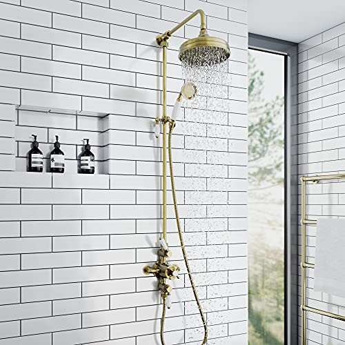 ENKI SH0630 Downton Thermostatic 2 Outlet Shower System, Antique Brass | Solid Brass, 10-Year Guarantee, Swivel Spout, Easy Install, Fittings Included, Rainfall Shower Head, Handset & Hose, Bathroom