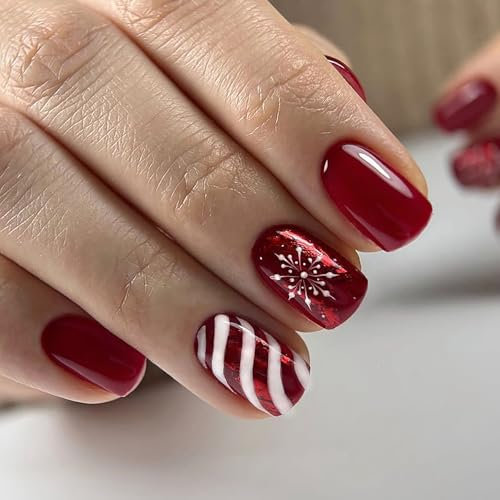 Red False Nails Short - 24PCS Christmas Nails - Square Press on nails Strong - Fake Nails with Glue - Red Stripes Snowflake Nail Art Stick on Nails - Full Cover Nail Tips and Glue for Women