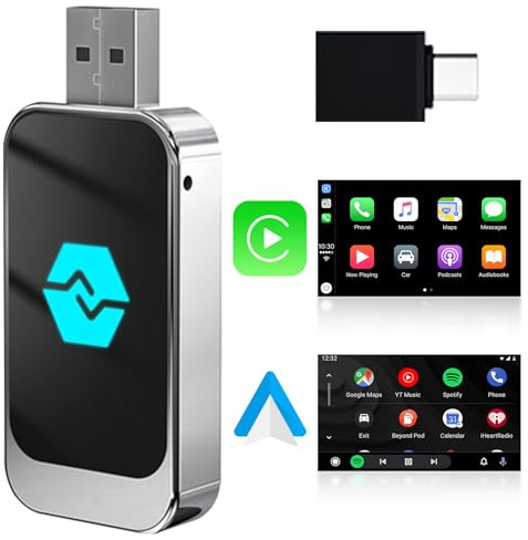 Wireless Carplay und Wireless Android Auto Adapter, Konvertieren Wired Carplay/Android Auto in Wireless, Typ-C und USB, Plug and Play für iOS 10+/Android 11+