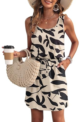 WNEEDU Vestito Estivo da Donna Senza Maniche da Spiaggia con Scollo a U e Coulisse Vestito Arioso da Donna Estivo con Tasche Albicocca Foglia Nera S