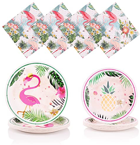 Ensemble de Vaisselle pour fête Tropicale jetable - Assiette jetable pour Anniversaire avec décoration Anniversaire Tropical - Un Ensemble de 60 pièces