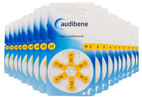 audibene Hörgerätebatterien Typ 10 gelb, Batterien für Hörgeräte 120 Stück Vorratspack, Made in Germany, inkl. GRATIS Reinigungstuch, Wireless Approved, quecksilberfrei