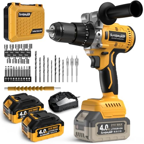 SundpeyPRO 21V Cordless Hammer Drill - 1060In·lbs Brushless Drill Set with 2 x 4.0Ah Battery - 20+3 Torque Battery Drills 2150RPM Power Drills 1/2 Chuck Electric Drill for Drilling Wood Bricks Metal