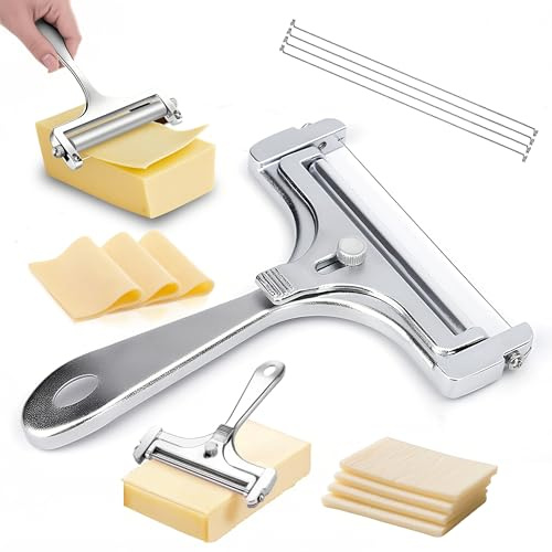 MLZTINGR Cortador de queso de alambre ajustable, juego de 6 piezas de acero inoxidable con 4 alambres de repuesto y llave, cortador de mantequilla y queso (plata mate)