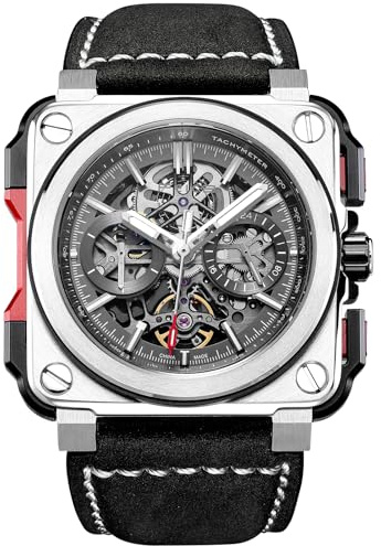 FEICE FM507 Automatische Skelettuhr für Herren, mechanischer Kalender, Herren-Armbanduhr, schwarzes Lederband, quadratisch, Sport, leuchtende Uhr, 10 ATM wasserdicht, Sportuhren für Herren