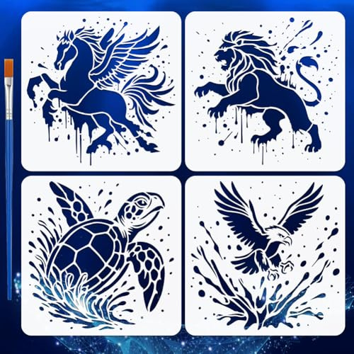 FINGERINSPIRE 4 Graffiti Tierschablone Mit 1 Kunststoffpinseln 30x30cm Pegasus Löwen Schildkröten Adler Musterschablone Wasserspritzer Dekorschablone Tiermotivvorlage Zum Malen Auf Wandholz