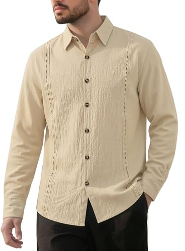 Volemo Skjortor Herr Långärmad Skjorta Linne Casual Button Up Skjorta, khaki, XXL