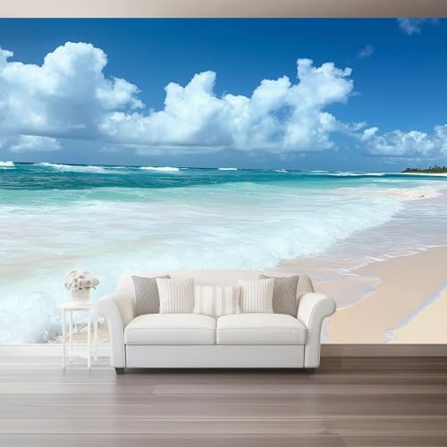 Papel tapiz fotográfico 250 x 175 cm Revestimiento de paredes decoración de salón Diseño Olas Naturales Playa para dormitorio, sala de estar, papel tapiz no tejido, decoración de pared, Azul