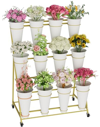 NEYCIL Blumenständer, 3-stufiger Blumenständer mit 12 Eimern, verbesserter doppelter Ring ohne Wackeln, Blumenkarre für draußen mit Rädern für Terrasse, Garten, Hochzeit, Party, Innenbereich