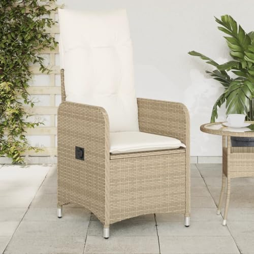 Owoxanthellate Gartenstuhl verstellbar Poly Rattan Beige 54,5x58,5x92 cm mit Cremeweißen Kissen, wetterfester Balkonstuhl, klappbarer Terrassenstuhl für kleinen Balkon, Garten, Camping