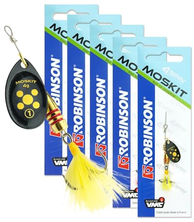 ROBINSON Spinner Angelköder 5er Set | für Hecht, Barsch, Zander & Forelle | Starke Druckwellen durch breites Metallblatt · VMC-Drilling auf Edelstahl · Feder am Haken · 5er Sparset