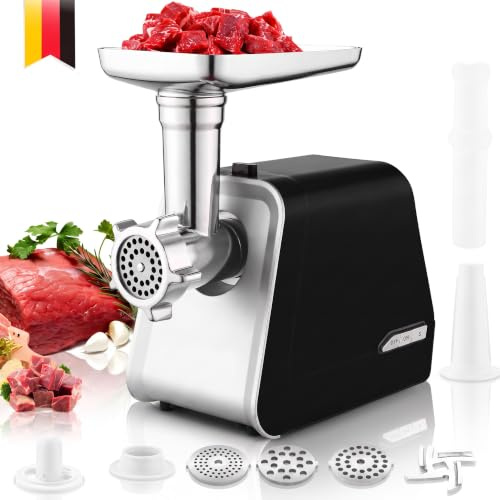 Nictemaw 4 in 1 Profi Elektrischer Fleischwolf 2000W | Fleischmaschine verarbeitet 1,8 kg/min. Inkl. 3 Lochscheiben, Wurstfüller und Spritzgebäckvorsatz. Ideal für den Hausgebrauch