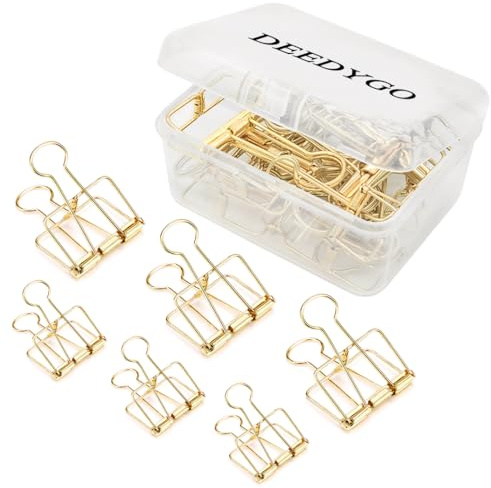 DEEDYGO 20 Pieces Gold Wire Binder Clips Assorted Sizes Stainless Steel Hollow Binder Clips Clamps for Paperwork, Sewing, Crafts, Kids, Teacher, Office School Supplies, Food Packages (10 M +10 S)