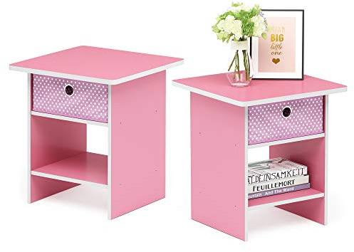 Furinno DARIO Side Table Set of 2, End Table with Storage Bin, Round Corner Night Stand, Bedside Table with Open Back Shelf, for Living Room, Bedroom, Pink