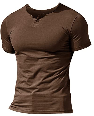 Uomo Henleys Casuale Manica Corta Maglietta Singolo Pulsante abbottonatura Plain v Neck Camicie in Cotone Marrone S