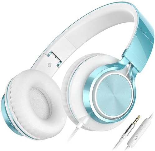 AILIHEN C8 Kopfhörer mit Kabel und Mikrofon, faltbar und verstellbar, On-Ear-Headsets, Lautstärkeregelung, HD-Stereo-Sound, 3,5-mm-Klinkenstecker für Chromebook, Laptop, Smartphone（Hellblau）