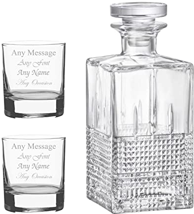 Personalised Engraved 2 x 11.5oz Side Whisky Glasses and (un-Engraved) Bartender Decanter Any Message Set