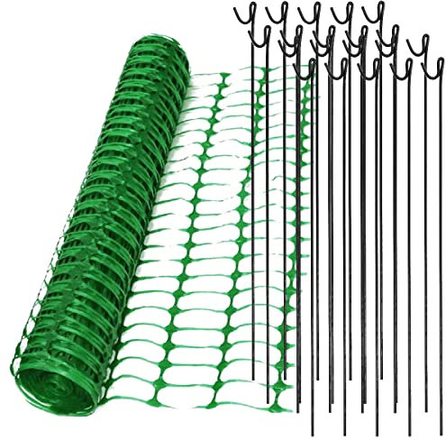 Temporary Fence - 1m x 50m Roll of 80gsm Green Plastic Barrier Mesh Fencing & 20 Metal Fencing Posts