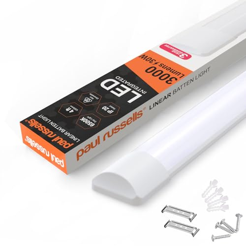 paul russells 4ft LED Batten Light, Ceiling Fitting Tube Light, 6500K Daylight, 30W, 3000 Lumens, Light for Office, Bathroom, Kitchen, Garage, Warehouse Fluorescent Lighting Replacement, 1 Pack