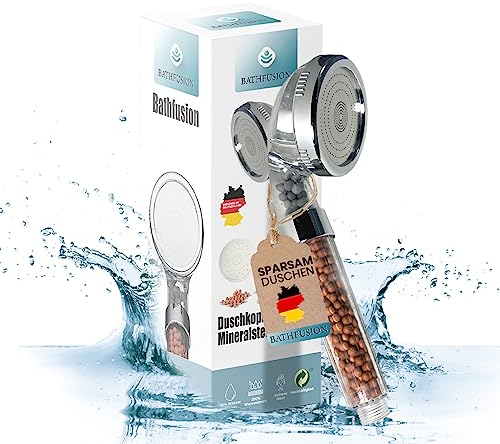 BATHFUSION Duschkopf mit Mineralsteinfilterung, wassersparend mit mehr Wasserdruck, Handbrause mit Regendusche und Massage Funktion