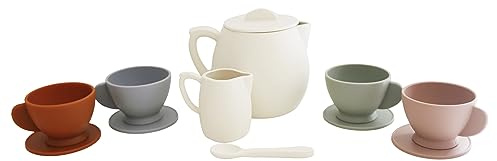 Marlowe & Co Silicone Tea Play Set for Children, 12 Piece Dishwasher Safe Tea Gift Set for Toddlers (Cream Multi Mix)