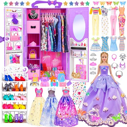 91pcs 11.5 Zoll Mädchen Puppe mit Kleidung Zubehör und Schrank, Prinzessin Mode Kleider, Outfits ,Badeanzüge, Schuhe, Kleiderbügel, Puppe Dress Up Spielzeug für Mädchen Geschenke (einschließen Puppe)