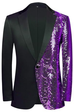 PYJTRL män grön blå guld blad mönster paljetter blazer, Lila, M/Lång