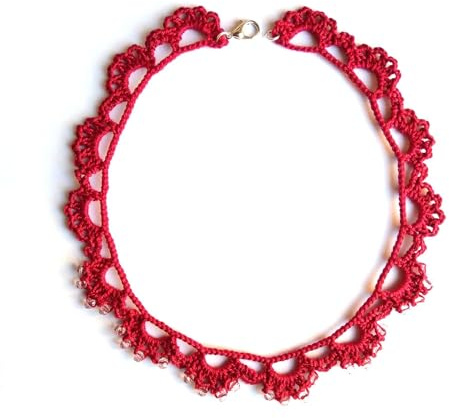 collana rossa (bordeaux) da donna, Gioielli all'uncinetto, girocollo di pizzo con cristalli di vetro, Made in Italy, Bijoux da donna, Lavorazione Artigianale