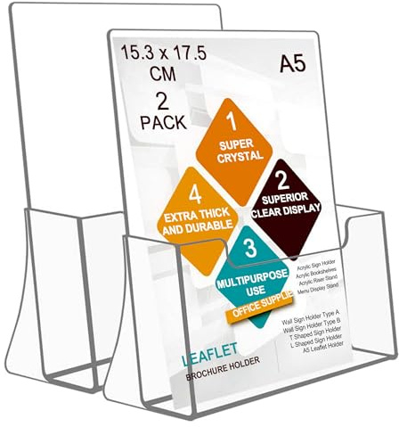 ROSSHINE A5 Leaflet Holder, Crystal Clear Acrylic Brochure Holder 2 Pack, Freestanding Menu Flyer Perspex Display Sands for Magazine Business Card Literature Pamphlet Booklets Menu