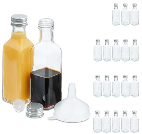 Relaxdays Small, Set of 20, 50 ml, Glass Filling, Screw Cap & Cork, Mini Bottles, Transparent/Silver, Stainless steel, 14 x 4 x 4 cm