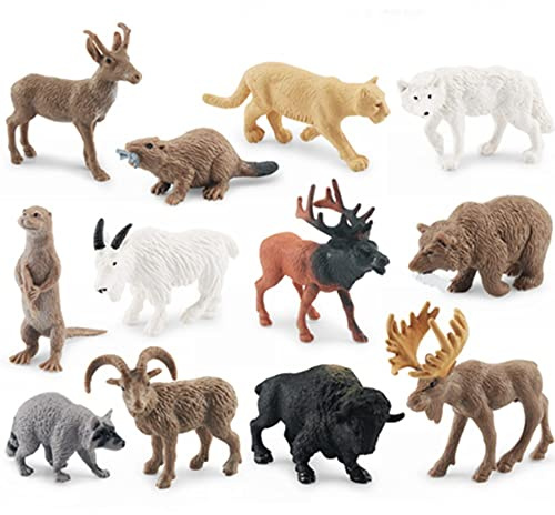 OUKEYI Mini Arctic Animals Toys Set 12PCS Polar Animal Figurines Toy PlaysetIncludes Moose, North American Wild Goat, elk, Otter, Beaver, Pronghorn for ToddlersBirthdayGift