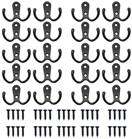 Bhina 20 Pièce Double Crochet de Manteau Double Métal Crochets Rétro Patère Crochet Patère Patere Porte Manteau Mural Crochets avec 40 Vis pour la Maison Étagères Mural Salle de Bain Cuisine (Noir)